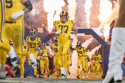 The Los Angeles Rams run on the field during player introductions before the Rams 54-51 victory over the Chiefs in an NFL Week 11 Monday Night Football game, Monday, November 19, 2018, in Los Angeles, CA. (Jeff Lewis/Rams)