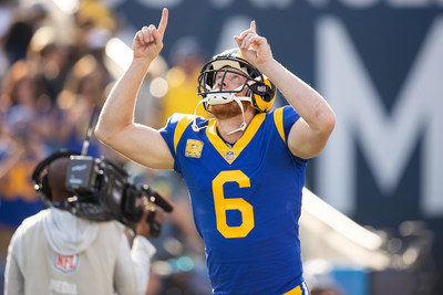 Los Angeles Rams punter Johnny Hekker (6) prior to an NFL football game against the Seattle Seahawks, Sunday, Nov. 11, 2018, in Los Angeles. (Hiro Ueno/Rams)