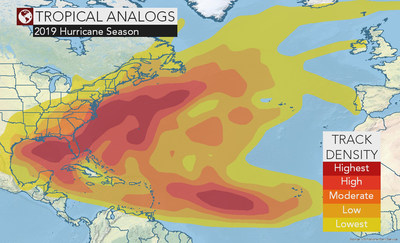 The tropical track density map above was created by analyzing analog years?past years that have weather patterns similar to current and projected patterns. Analog years are often used to predict trends and impacts during a hurricane season. They can be based solely on the El Nio?Southern Oscillation or on a combination of weather patterns and teleconnections, which are weather patterns over another part of the globe that can strongly influence current or future weather in a particular area.
