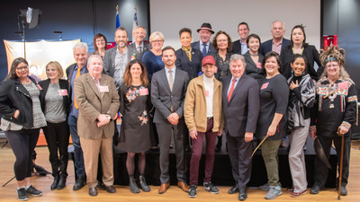 The Launch of the Aboriginal Cultures and Languages Initiative was held in Wendake with Mrs Nadine Girault (MRIF), Mrs Sylvie D'Amours (SAA), M. Konrad Sioui, M. Ghislain Picard (APNQL) and M. Michel Robitaille (LOJIQ). (CNW Group/Les Offices Jeunesse Internationaux du Qubec)