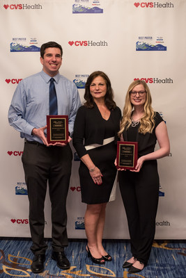 From left, Eric Borrelli, winner of Best Poster by a Graduate Student; Mindy Messina, PharmD, Clinical Vice President, Health Plans at CVS Health; and Hillary Parkin, winner of Best Poster by a Student Pharmacist.