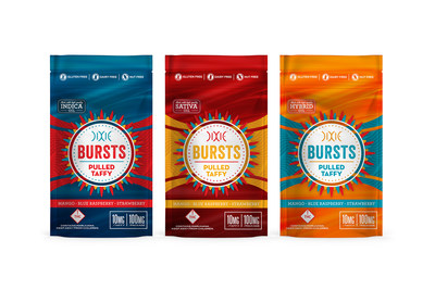 Dixie Burstsâ„¢ pulled taffy chews are the newest cannabis-infused product from Dixie Brands. Dixie Bursts are sold in assorted packages containing Blue Raspberry, Mango and Strawberry flavors, available in indica, sativa and hybrid oil formulations. (CNW Group/Dixie Brands, Inc.)