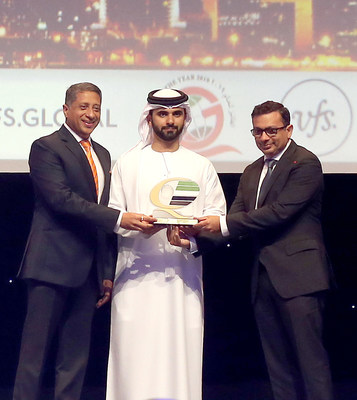 His Highness Sheikh Mansoor bin Mohammed bin Rashid Al Maktoum, President of the Dubai International Marine Club, bestowed the DQGA Award to Zubin Karkaria, CEO, VFS Global Group, (right) and Vinay Malhotra, Regional Group COO – Middle East, South Asia & China, VFS Global (left).