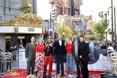 Paul Rudd, Scarlett Johansson, Robert Downey Jr., Bob Iger, Brie Larson, Chris Hemsworth and Jeremy Renner attend Avengers Universe Unites, a charity event to celebrate the donation of more than $5 million in cash and toys to nonprofits supporting children with critical illnesses, at Disney California Adventure Park on April 5, 2019 in Anaheim, California.