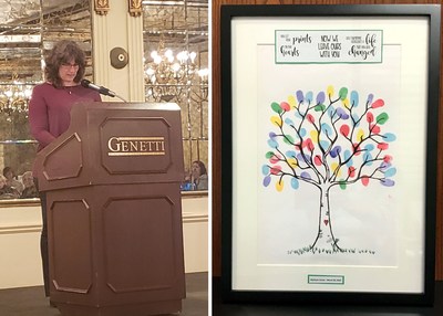 Left, Suzanne Gatusky-George accepts the award on behalf of Berkshire Hathaway GUARD employees.
Right, Award is a “Tree of Thumbprints” each representing a life that was changed. Left, Suzanne Gatusky-George accepts the award on behalf of Berkshire Hathaway GUARD employees.
Right, Award is a “Tree of Thumbprints” each representing a life that was changed.
