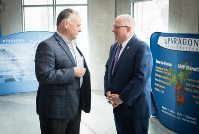 Governor Larry Hogan congratulates Paragon Bioservices CEO Pete Buzy at today’s grand opening celebration for its new biomanufacturing facility.
