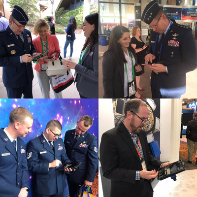 Space operators at the 35th Space Symposium in Colorado Springs, Colo., test the Black Horizon app developed by the Blue Horizons program at the U.S. Air Force's Air University. Photo courtesy of Maj. Christina Light. Space operators at the 35th Space Symposium in Colorado Springs, Colo., test the Black Horizon app developed by the Blue Horizons program at the U.S. Air Force's Air University. Photo courtesy of Maj. Christina Light.