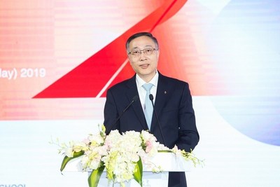 CEIBS President Li Mingjun during his speech from the Beijing Campus.
