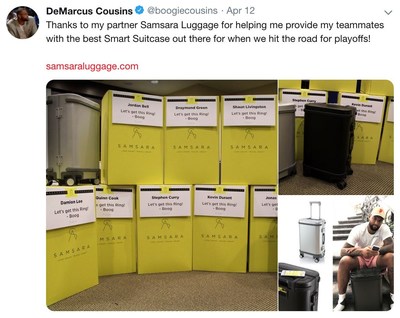 NBA All-Star DeMarcus Cousins Energizes Warriors Locker Room with Motivating Playoffs Gift: Samsara Luggage “for whenwe hit the road for playoffs.”