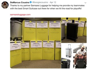 NBA All-star DeMarcus Cousins Energizes Warriors Locker Room With Motivating Playoffs Gift: Samsara Luggage "For When We Hit the Road for Playoffs"