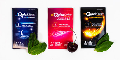 RDT’s proprietary QuickStrip™ technology is a Quick, Convenient, Precise, Discreet™ oral, fast-dissolving drug delivery system offering consumers an alternative to pills, capsules, drinks and injections. The QuickStrip™ nutraceutical product line delivers vitamin B12, caffeine and melatonin — penetrating the vitamin, energy and sleep consumer markets. (CNW Group/Rapid Dose Therapeutics Inc.)