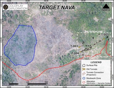 Figure 3 Nava Zone – Location of Tunnels, Old Workings and Stockwork Zone (CNW Group/Goldplay Exploration Ltd)