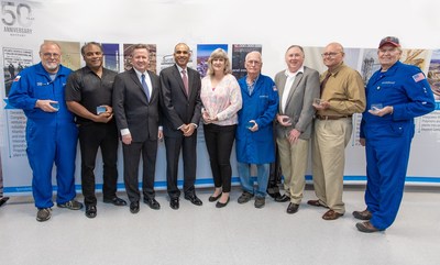 LyondellBasell celebrated its 50th anniversary today. CEO Bob Patel (4th from left) and Site Manager Stephen Goff (3rd from left) joined long-term employees who have been at the Bayport Complex for 40+ years.