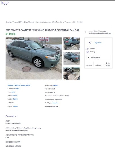 Toyota Camry Kijiji Advertisement placed by Syed (CNW Group/Ontario Motor Vehicle Industry Council (OMVIC))