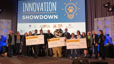 The judging panel of Innovation Investors along with the 2019 Innovation Showdown winners on stage at HSUS Animal Care Expo.