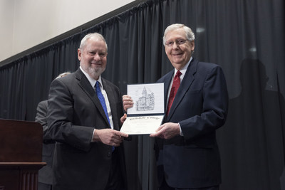 Hillsdale College President Larry P. Arnn presents Senate Majority Leader Mitch McConnell with honorary doctorate in public service in recognition of his long career serving the people of the United States.
