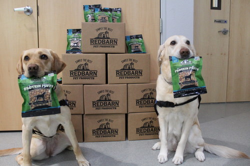 Toga and Tenley, Dogs4Diabetics Service Dogs, proudly show off their favorite new treats, Redbarn Protein Puffs.