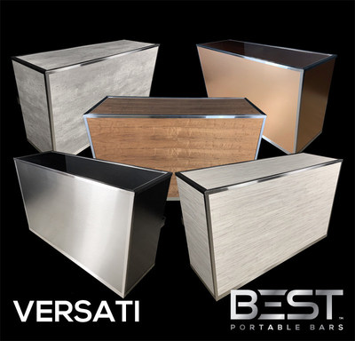 VERSATI portable bar on wheels - One Bar, Unlimited Looks, thanks to a wide selection of cover panels, including various metals and woods, cement and mirror.