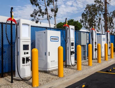 Penske Truck Leasing commercial heavy-duty electric vehicle charging station in La Mirada, CA.