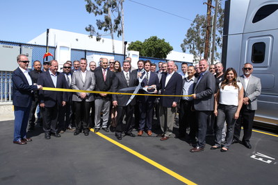 Penske celebrating the announcement of its new electric vehicle commercial charging capabilities at its La Mirada, CA, facility during a livestream ribbon-cutting event with the Advanced Clean Transportation Expo in Long Beach, California, April 24, 2019.