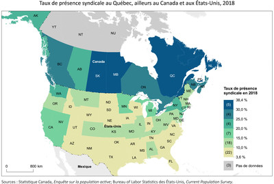 Carte : Taux de prsence syndicale au Qubec, ailleurs au Canada et aux tats-Unis, 2018 (Groupe CNW/Institut de la statistique du Qubec)