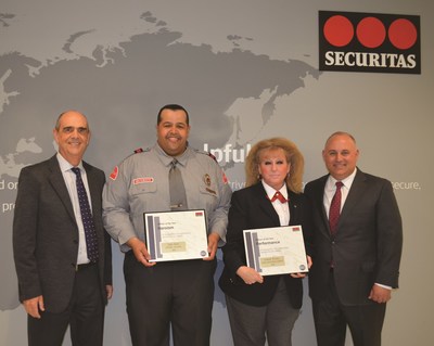 President and CEO Securitas North America Santiago Galaz (left) and Executive Vice President Tony Sabatino (right) thanked Security Officer of the Year &mdash; Heroism John Hull (center left) and Security Officer of the Year &mdash; Performance Judy Worley for their contributions after an awards ceremony held at the Securitas North America headquarters in Parsippany, NJ.