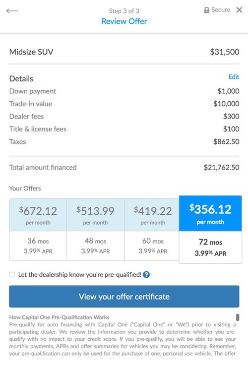 Screenshot of Capital One financing options on CarGurus.com