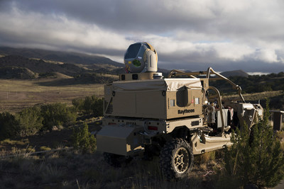 Raytheon's mobile high energy laser looks out into a wide-open sky. The company's advanced high power microwave and high energy laser engaged and defeated dozens of unmanned aerial system targets in a recent U.S. Air Force demonstration.