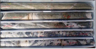 Core Photo illustrating silica-sericite-pyrite alteration and extensional veining from hole MKD 187. (CNW Group/Guyana Goldfields Inc.)