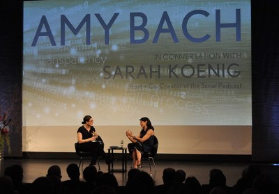 Sarah Koenig (L) of the Peabody-award winning podcast Serial, engages Amy Bach, Charles Bronfman Prize recipient, about criminal injustice. 
