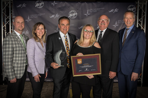 From left to right: Mr. Dominique Bohec, Chairman of the Board of the Agri-Food Export Group Quebec-Canada and Vice-President of La Petite Bretonne, Ms. Sophie Perreault, Executive Vice-President and Chief Operating Officer at Farm Credit Canada, Mr. Jean Fontaine, President and Founder of Jefo Nutrition Inc., Émilie Fontaine, Marketing Director and Regulatory Affairs of Jefo Nutrition Inc., Mr. André Coutu, Chief Executive Officer of the Agri-Food Export Group Quebec-Canada and Mr. André Lamontagne Minister of Agriculture, Fisheries and Food of Quebec.