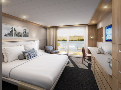 Artist rendering of a Veranda Stateroom on Viking Osiris, Viking's new river vessel for Egypt. Inspired by the design of the award-winning Viking Longships and built specifically for the Nile River, the 82-guest Viking Osiris is currently under construction and double the company’s owned capacity in Egypt when it debuts in September 2020.