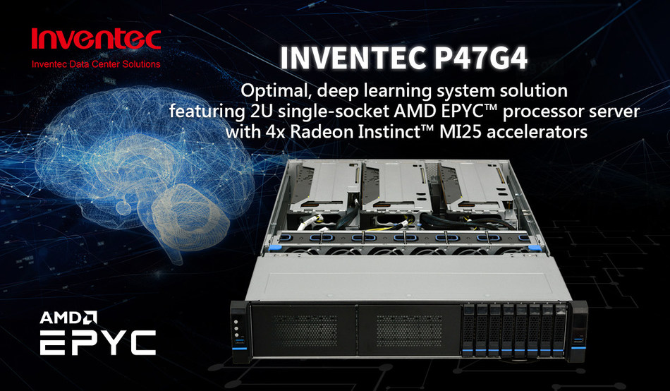 Inventec P47G4: Optimal, deep learning system solution featuring 2U single-socket AMD EPYC™ processor server with 4x Radeon Instinct™ MI25 accelerators