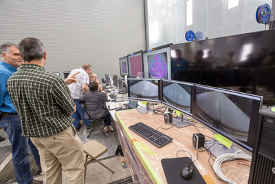 As seen in the control room, the photogrammetry visuals provide insight in to the real-time displacements and strains on the heat shield while pressure is being applied. As seen in the control room, the photogrammetry visuals provide insight in to the real-time displacements and strains on the heat shield while pressure is being applied.