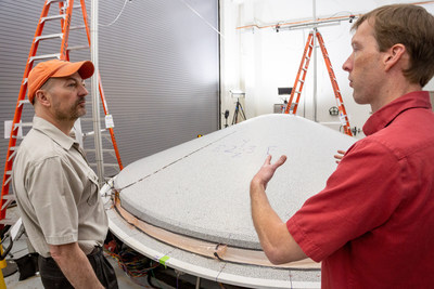 The Lockheed Martin-built heat shield, shown here in the testing phase, is just one component in the final aeroshell that will protect the Mars 2020 rover on its long journey to Mars. The Lockheed Martin-built heat shield, shown here in the testing phase, is just one component in the final aeroshell that will protect the Mars 2020 rover on its long journey to Mars.