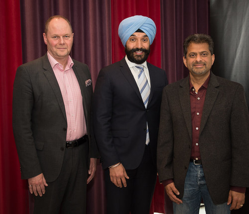 Ericsson unveils Global Artificial Intelligence Accelerator in Montreal : (from left to right) - Graham Osbourne, Head of Ericsson Canada; The Honourable Navdeep Bains, Minister of Innovation, Science and Economic Development; Nimish Radia, Head of Global AI Accelerator North America for Ericsson (CNW Group/Ericsson Canada)