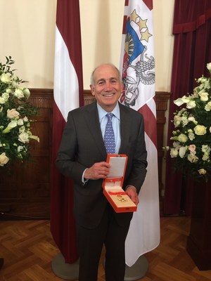 Kim G. Davis, Chairperson of the Baltic-American Freedom Foundation, with the Cross of Recognition he was awarded today by the Republic of Latvia