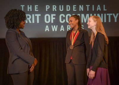 Award-winning actress Viola Davis congratulates Aja Capel, 15, of Urbana (center) and Delaney Hall, 13, of Lebanon (right) on being named Illinois' top two youth volunteers for 2019 by The Prudential Spirit of Community Awards. Aja and Delaney were honored at a ceremony on Sunday, May 5 at the Smithsonian's National Museum of Natural History, where they each received a $1,000 award.