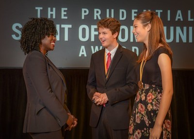 Award-winning actress Viola Davis congratulates Nathaniel Simmons, 18 (center) and Eden Sapien, 13 (right), both of Phoenix, on being named Arizona's top two youth volunteers for 2019 by The Prudential Spirit of Community Awards. Nathaniel and Eden were honored at a ceremony on Sunday, May 5 at the Smithsonian's National Museum of Natural History, where they each received a $1,000 award.