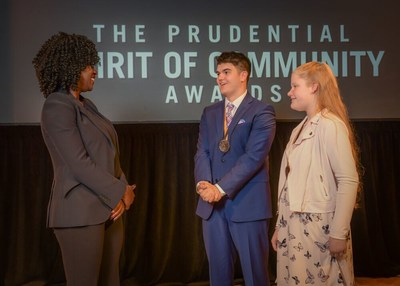 Award-winning actress Viola Davis congratulates Hunter Hotaling, 18, of Lansing (center) and Riley Padget-Cook, 11, of Minneapolis (right) on being named Kansas' top two youth volunteers for 2019 by The Prudential Spirit of Community Awards. Hunter and Riley were honored at a ceremony on Sunday, May 5 at the Smithsonian's National Museum of Natural History, where they each received a $1,000 award.