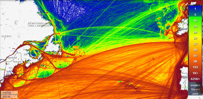 Densit du trafic maritime dans l'Atlantique Nord en 2016-2017. Carte tire de Marine Traffic (www.marinetraffic.com). (Groupe CNW/Comit sur la situation des espces en pril au Canada)