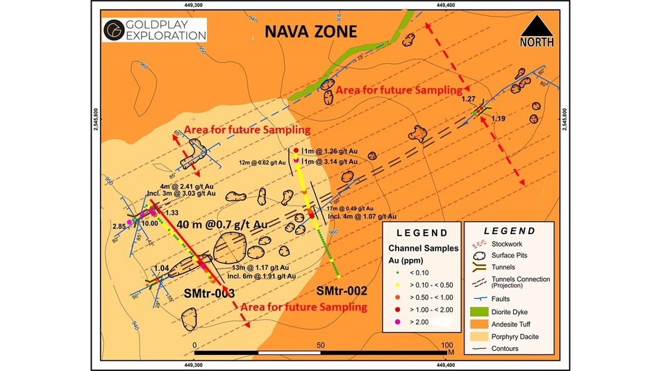 Figure 3 Nava Zone – Geology and Tunnel Sampling Results (CNW Group/Goldplay Exploration Ltd)