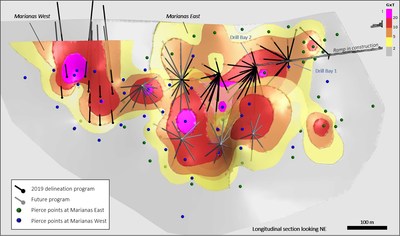 Figure 2 – Isometric view of the Mercedes trend showing the grade x thickness map for the Marianas Veins (CNW Group/Premier Gold Mines Limited)