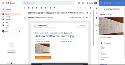 Take action without switching context. Email notifications, such as approvals, allow the user to take immediate action via the Workfront G Suite add-on without having to go into Workfront to complete the approval.