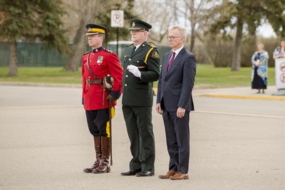 Parliamentary Secretary to the Minister of Fisheries, Oceans and the Canadian Coast Guard, Member of Parliamentary Sean Casey, Director General of Conservation & Protection at the Department of Fisheries and Oceans, Darren Goetze and Commanding Officer of RCMP Depot Division, Assistant Commissioner Jasmin Breton attend the C&P Graduation on May 2, 2019. (CNW Group/Fisheries and Oceans (DFO) Canada)