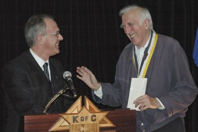 Supreme Knight Carl A. Anderson bestows the Gaudium et Spes medal on Jean Vanier, the Knights of Columbus's highest honor.