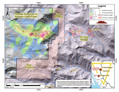 Figure 1: Location of Buckingham’s Moat Property relative to Colorado’s Kinaskan-Castle Property and (1)GT Gold’s (1)Saddle South and (1)Saddle North mineral discoveries at Tatogga. Note east-west alignment of gold and copper anomalies and mineral occurrences from Saddle North and South through to the Castle area. Note that the Castle Central and Castle East targets have yet to be drill tested (CNW Group/Buckingham Copper Corp.)