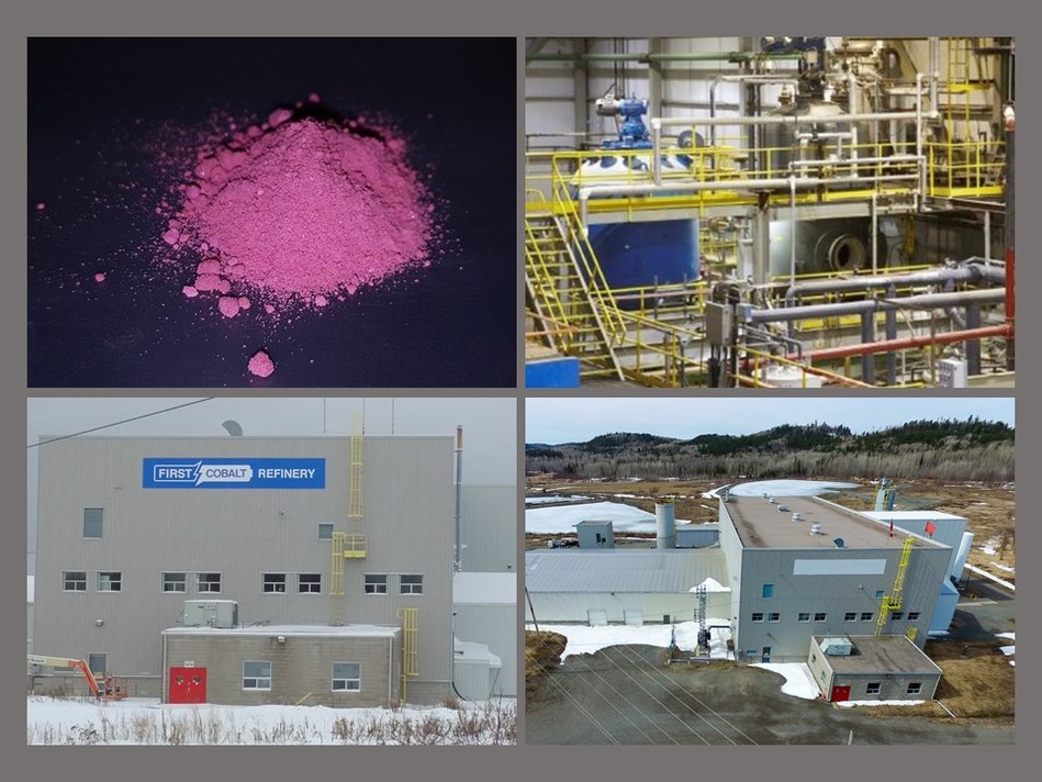 Image 1. Top left to right, cobalt sulfate produced using the First Cobalt Refinery flowsheet; current autoclave circuit. Bottom left to right, external and areal images of the facility. (CNW Group/First Cobalt Corp.)
