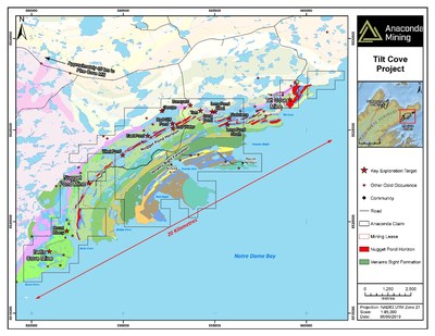 Exhibit A. A geological map of the Tilt Cove Project in the Baie Verte Mining District of Newfoundland. The map highlights the Nugget Pond Horizon and the Venams Bight Formation as key host rocks to gold deposits at both the Tilt Cove and Point Rousse Projects as well as key exploration targets. (CNW Group/Anaconda Mining Inc.)