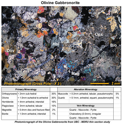Photomicrograph of the Olivine Gabbronorite from UBC - MDRU thin section study (CNW Group/Metallis Resources Inc.)
